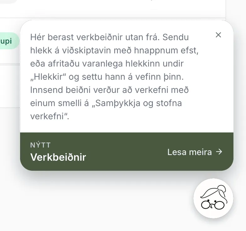 Ábending sem birtist þegar Verkbeiðnir eru opnaðar í fyrsta sinn