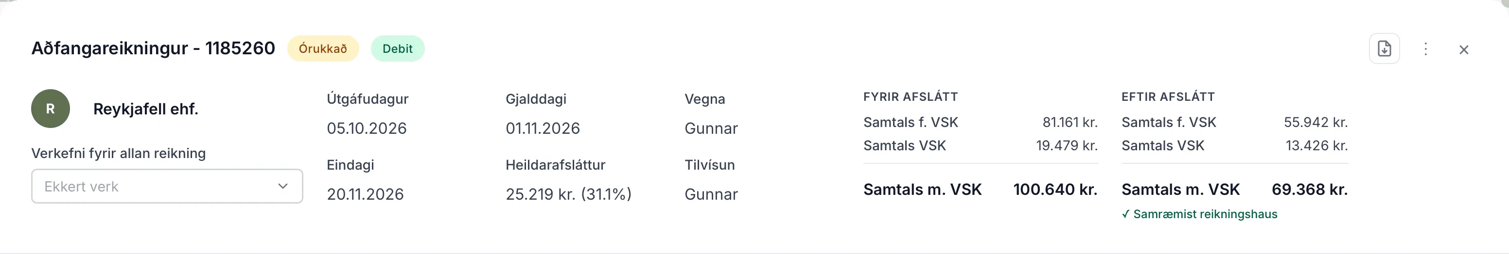 Efsti hluti rafræns reiknings frá Reykjafelli. Línurnar passa við upphæðina á reikningnum.