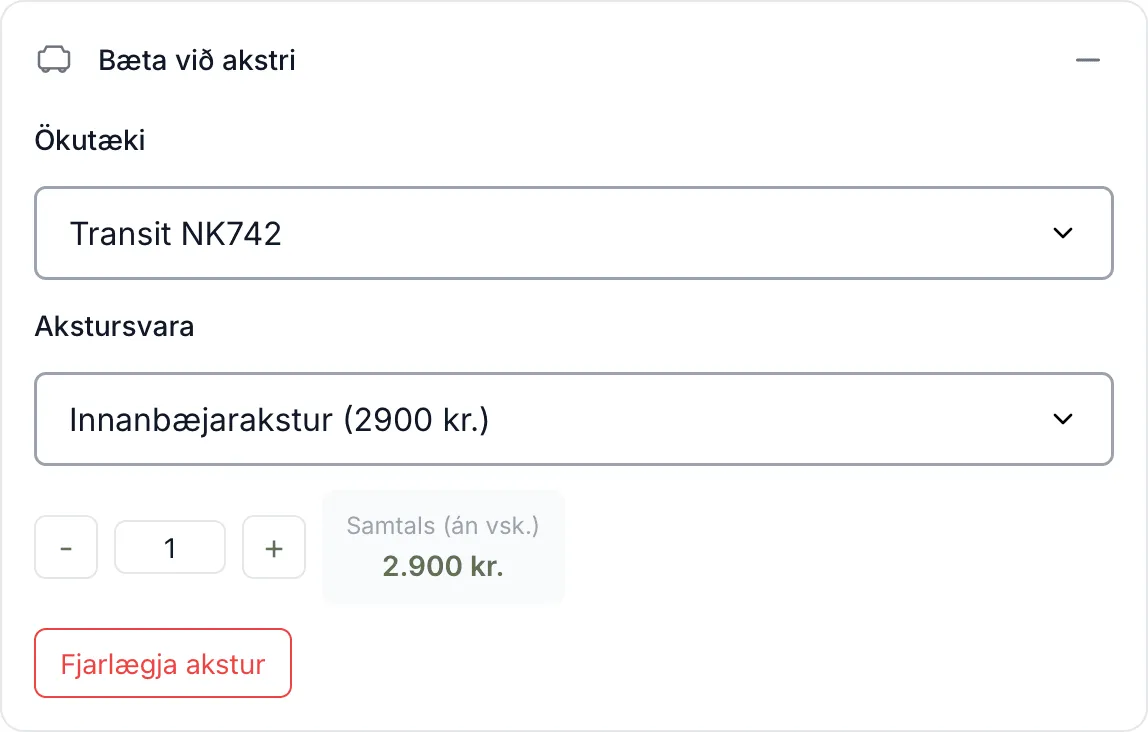 Kaflinn Bæta við akstri í glugganum Ný tímaskráning