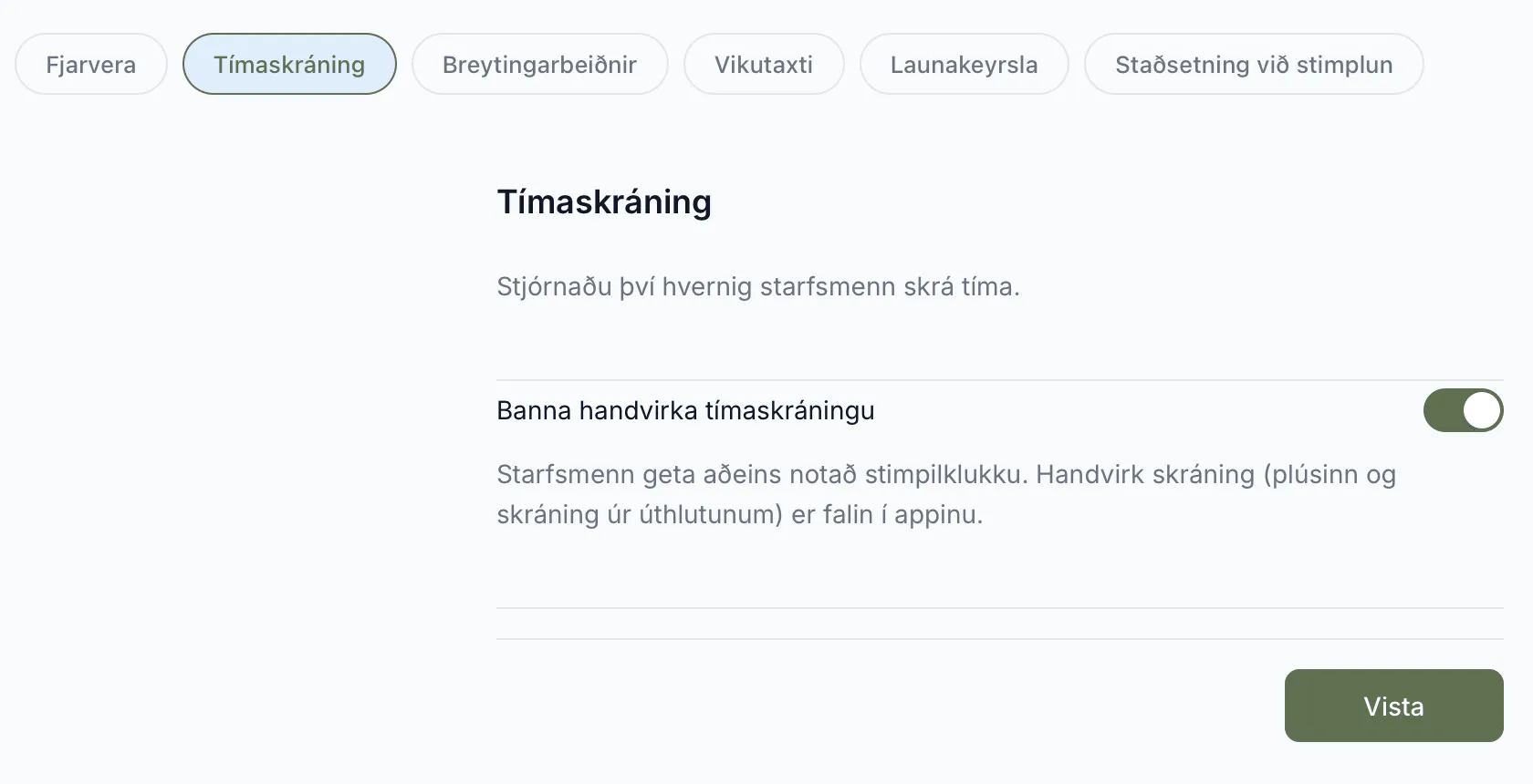Stillingin Banna handvirka tímaskráningu