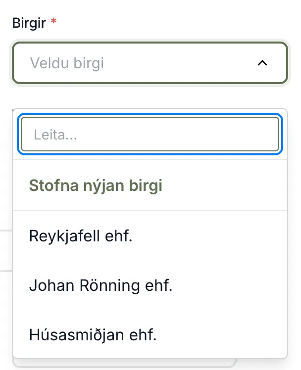 Reiturinn Birgir. Stofna nýjan birgi er efst.