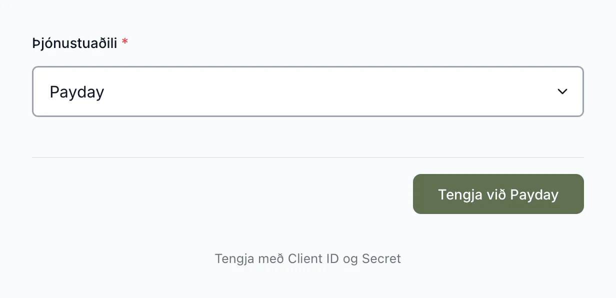 Tengingar › Bókhaldskerfi. Payday er tengt með hnappnum Tengja við Payday.