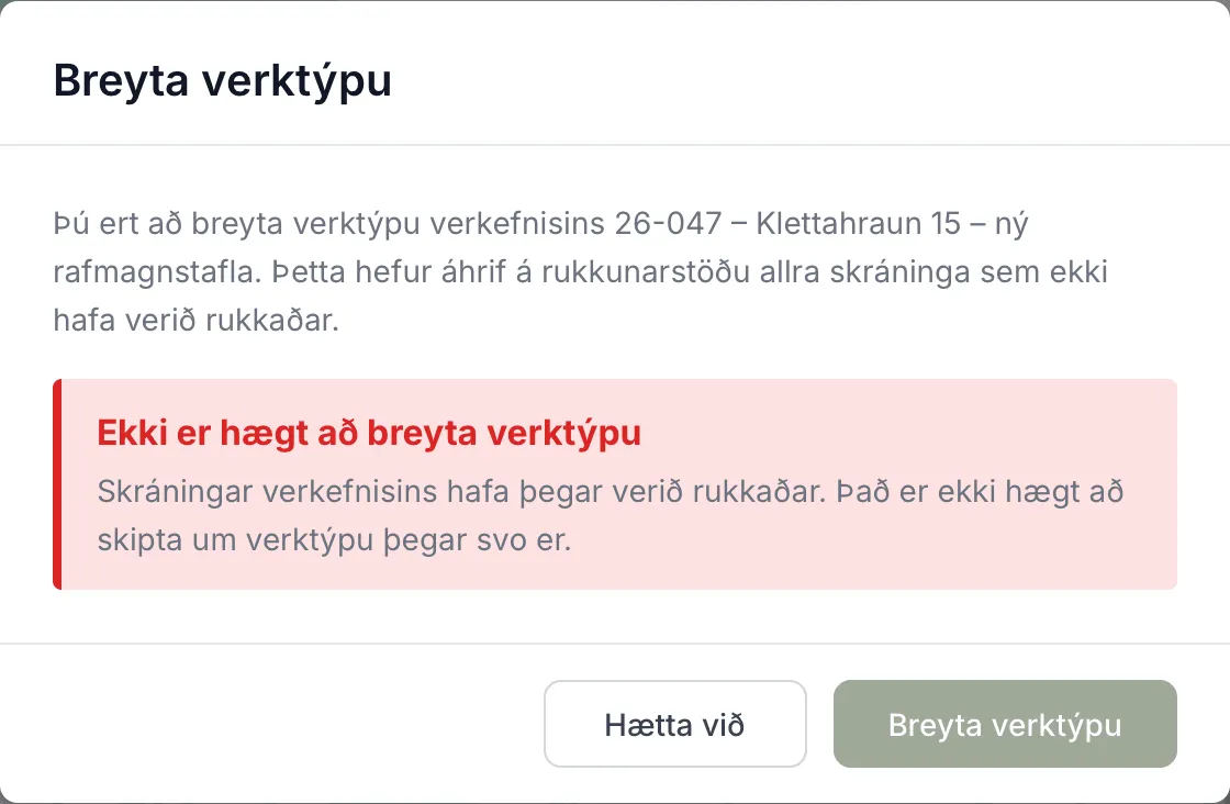 Skráningar verkefnisins eru á sölureikningi í drögum, svo ekki er hægt að skipta um tegund.