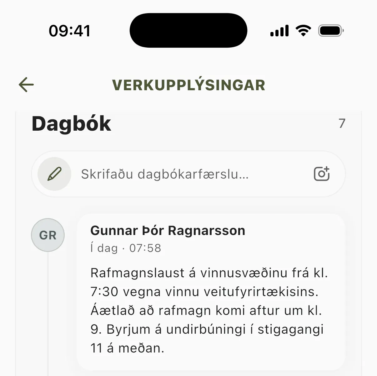 Dagbók á verkefni í appinu.