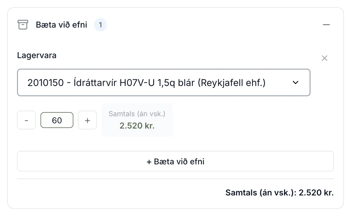 Kaflinn Bæta við efni í glugganum Ný tímaskráning, með 60 m af vír.