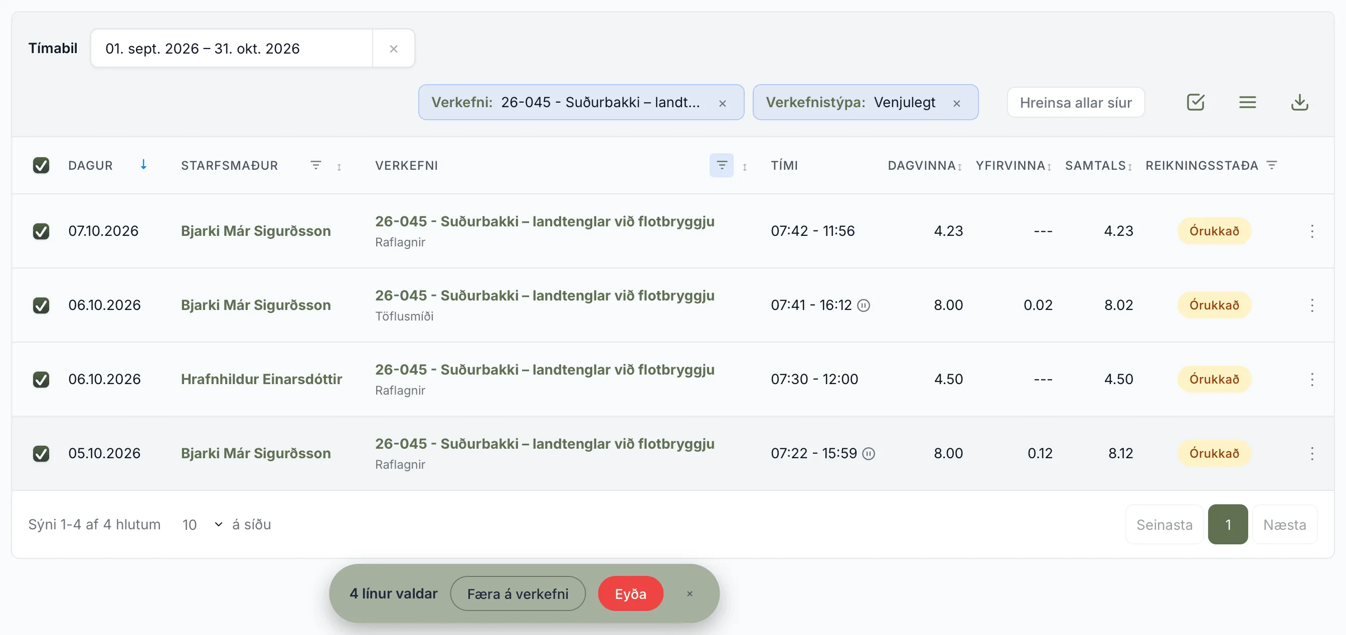 Fjórar tímaskráningar á 26-045 valdar. Færa á verkefni er neðst.
