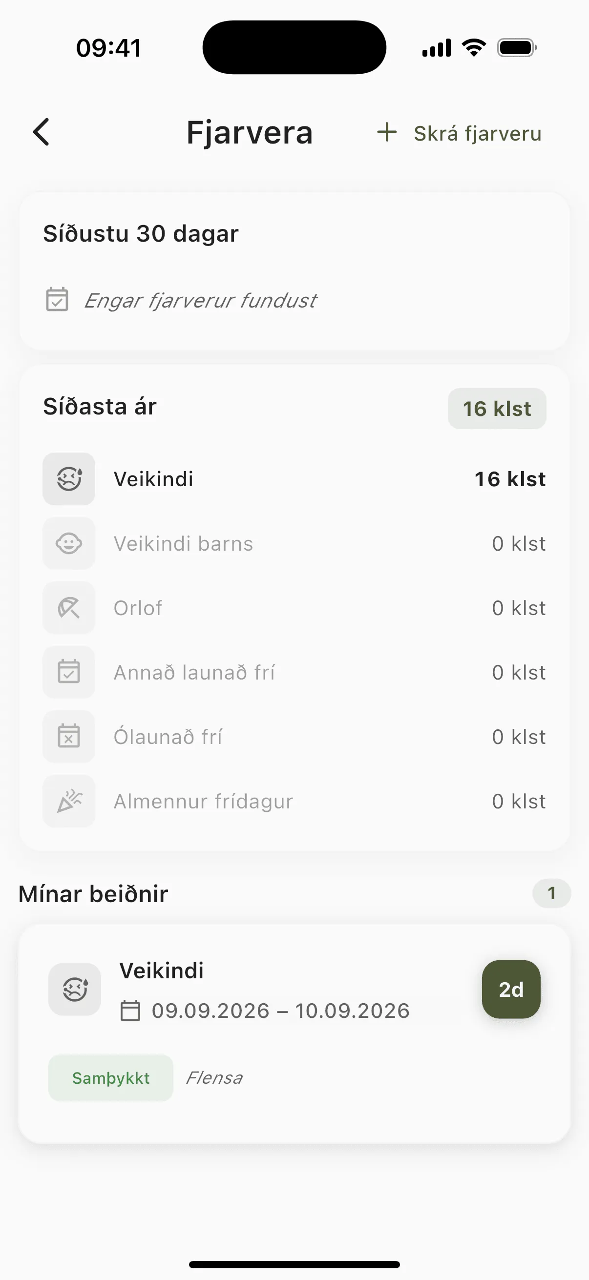 Fjarvera í appinu: samtölur og Mínar beiðnir.