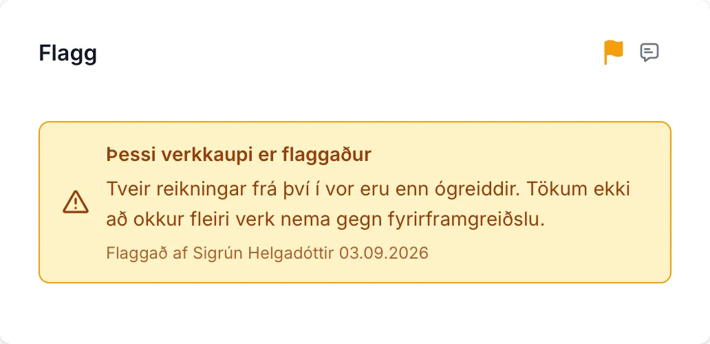 Spjaldið Flagg á verkkaupasíðu flaggaðs verkkaupa.