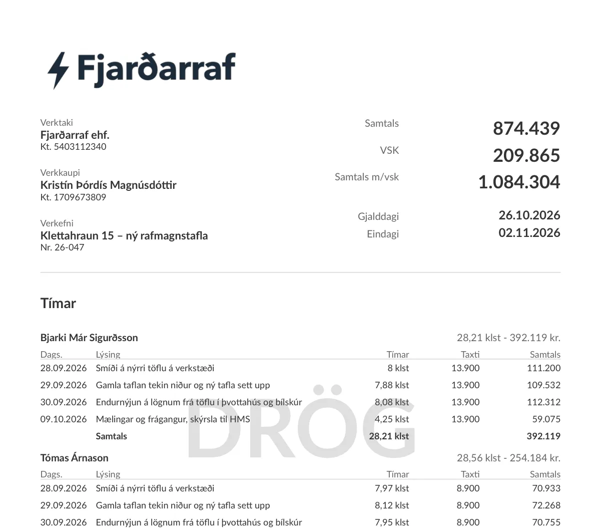 Efsti hluti PDF-forskoðunar á drögum: merki, aðilar, samtölur, gjalddagi og eindagi, og svo línurnar.