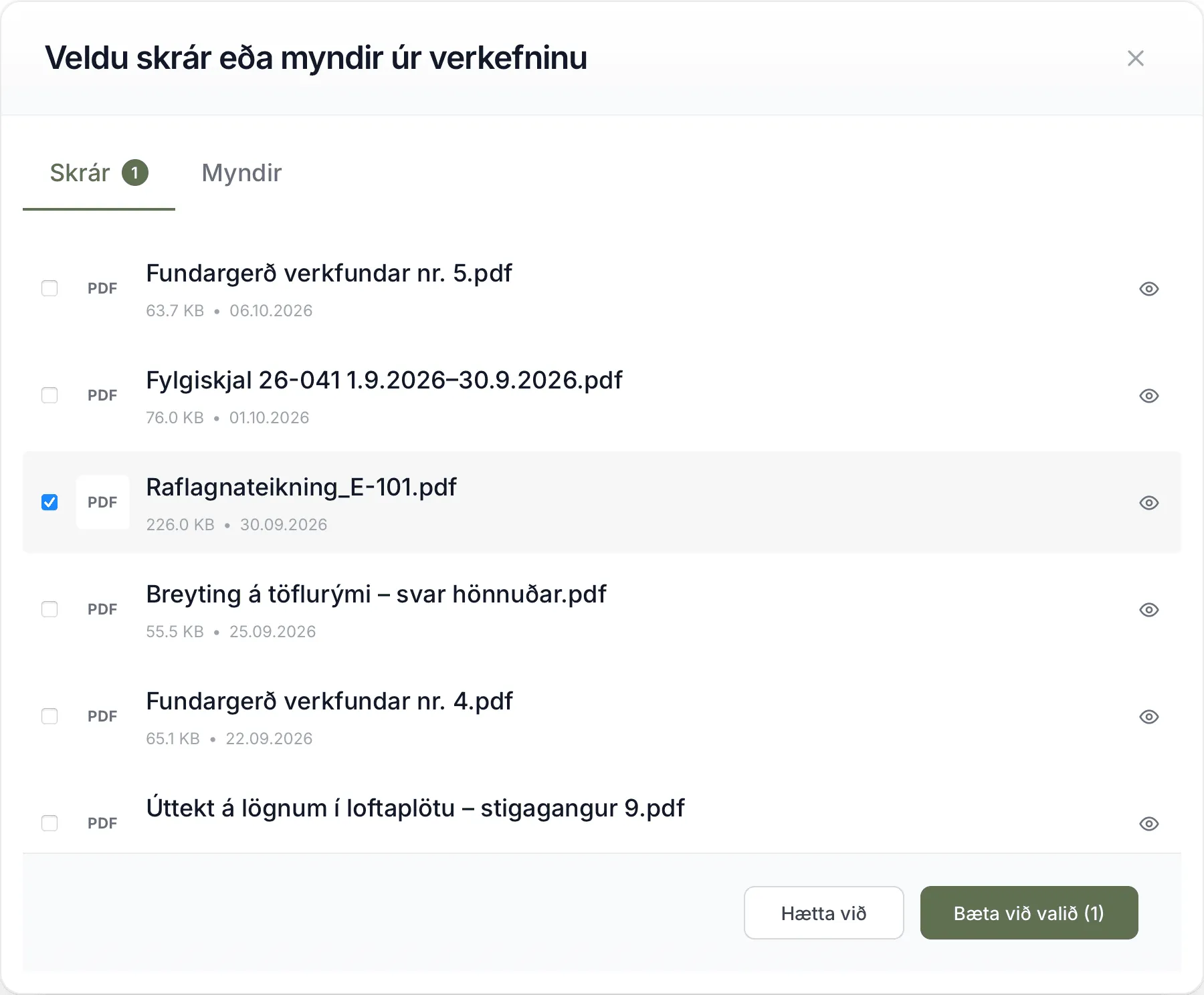 Glugginn Veldu skrár eða myndir úr verkefninu, með eina teikningu valda.