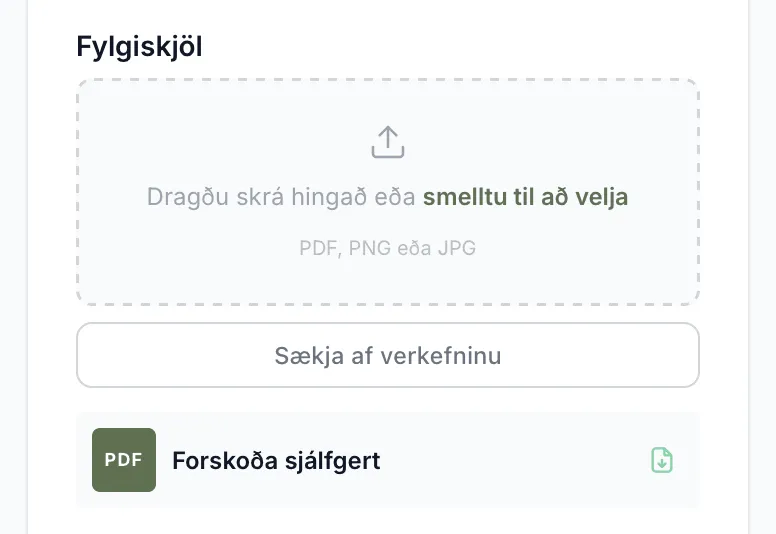 Fylgiskjöl á drögum. Forskoða sjálfgert birtist aðeins á drögum.