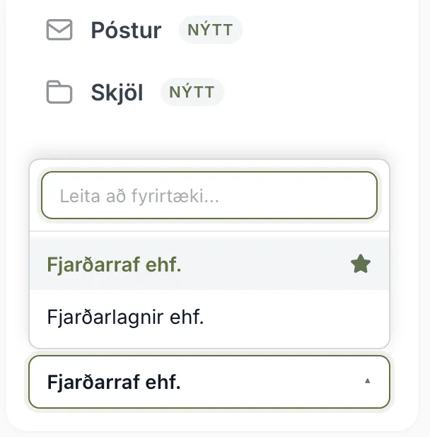 Fyrirtækjavalið neðst í valmyndinni. Stjarnan merkir fyrirtækið sem opnast við innskráningu.