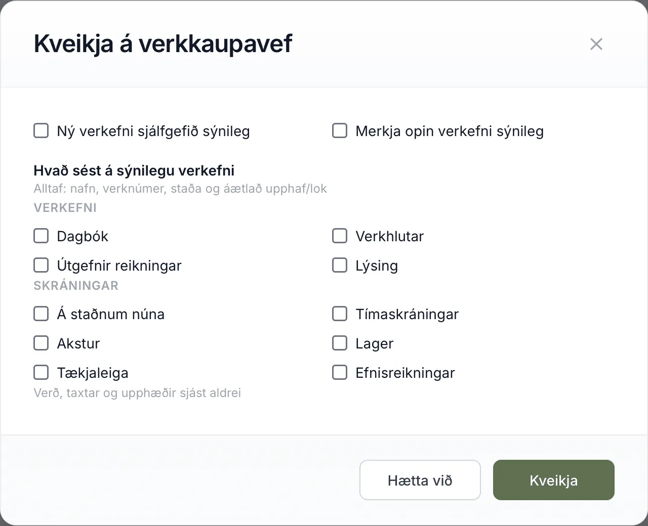 Glugginn Kveikja á verkkaupavef hjá verkkaupa sem hefur ekki verið stilltur áður.