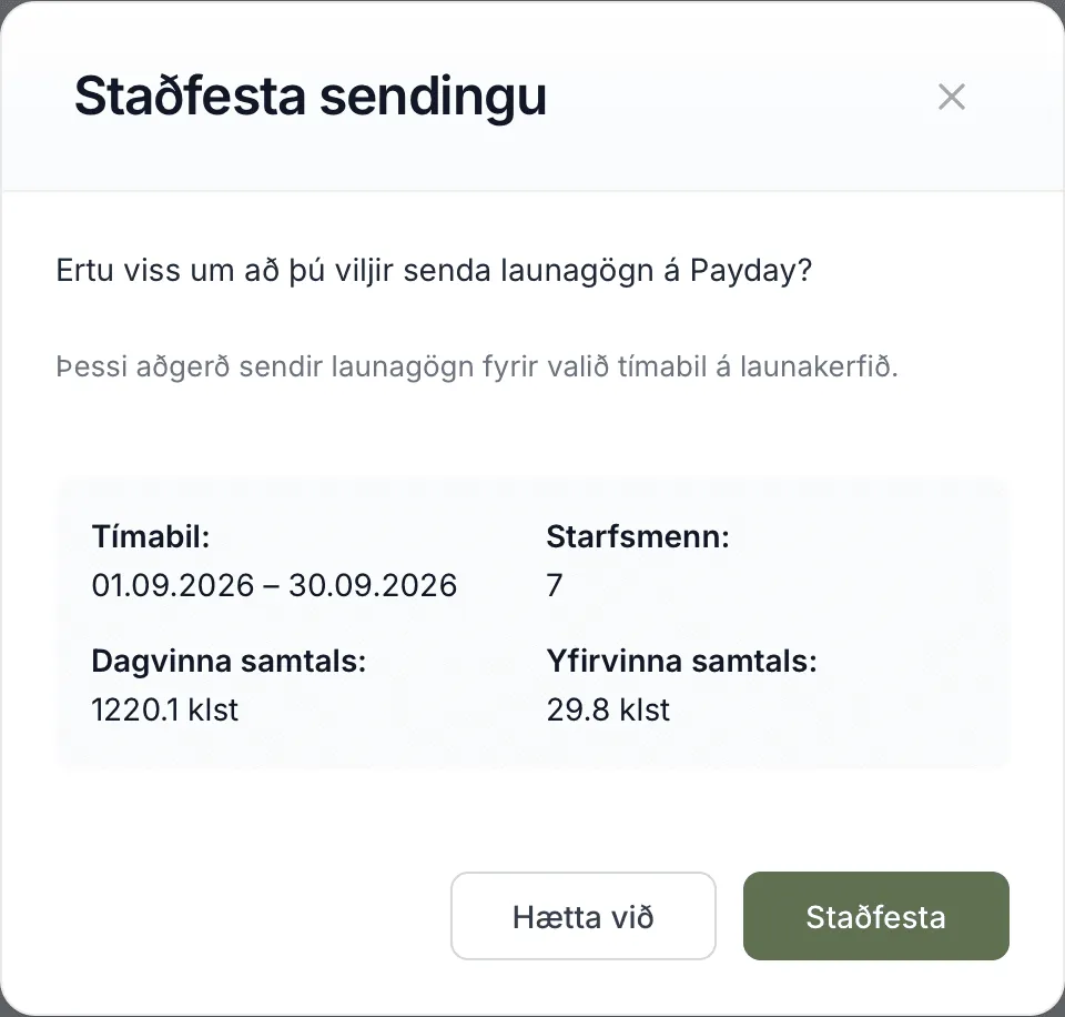 Staðfestingarglugginn áður en launagögn eru send á Payday
