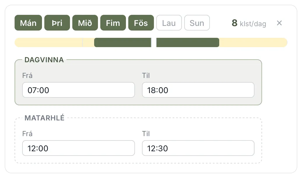 Matarhlé 12:00–12:30 á vinnutímanum mán–fös 07:00–18:00
