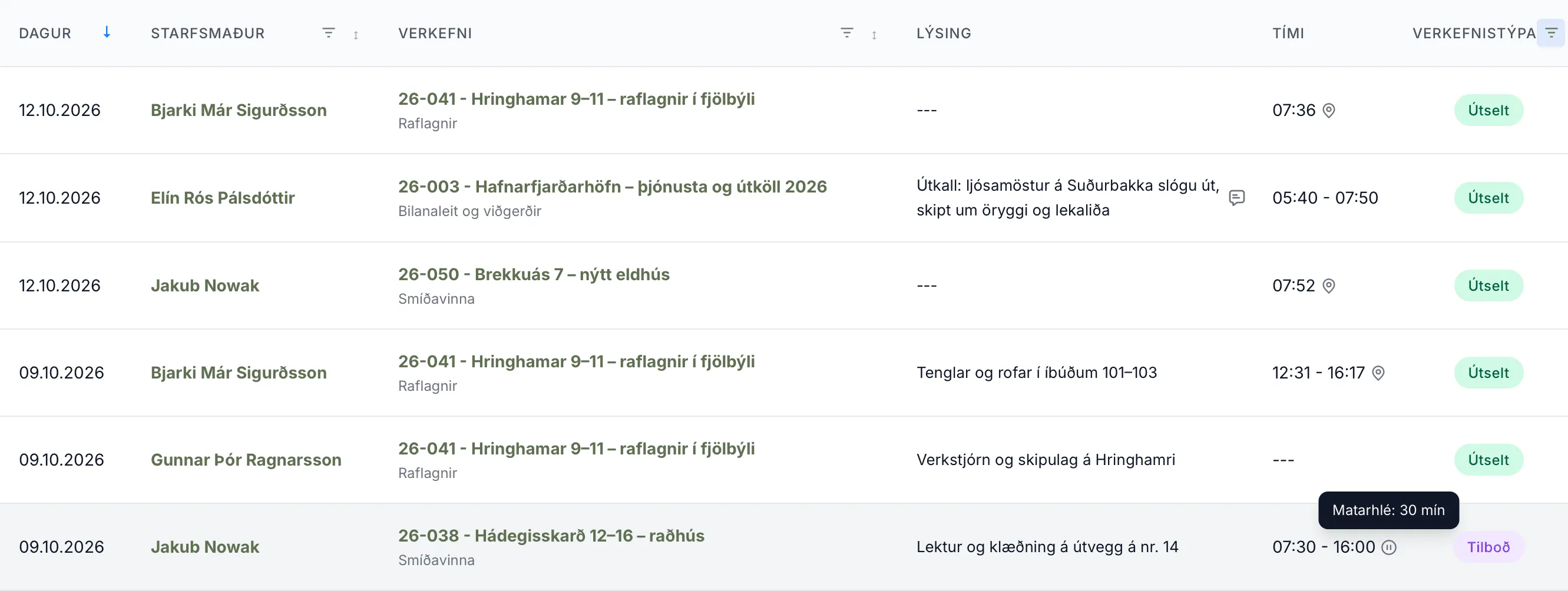 Í dálkinum Tími sést hléið þegar músin er yfir tákninu við tímann 07:30–16:00