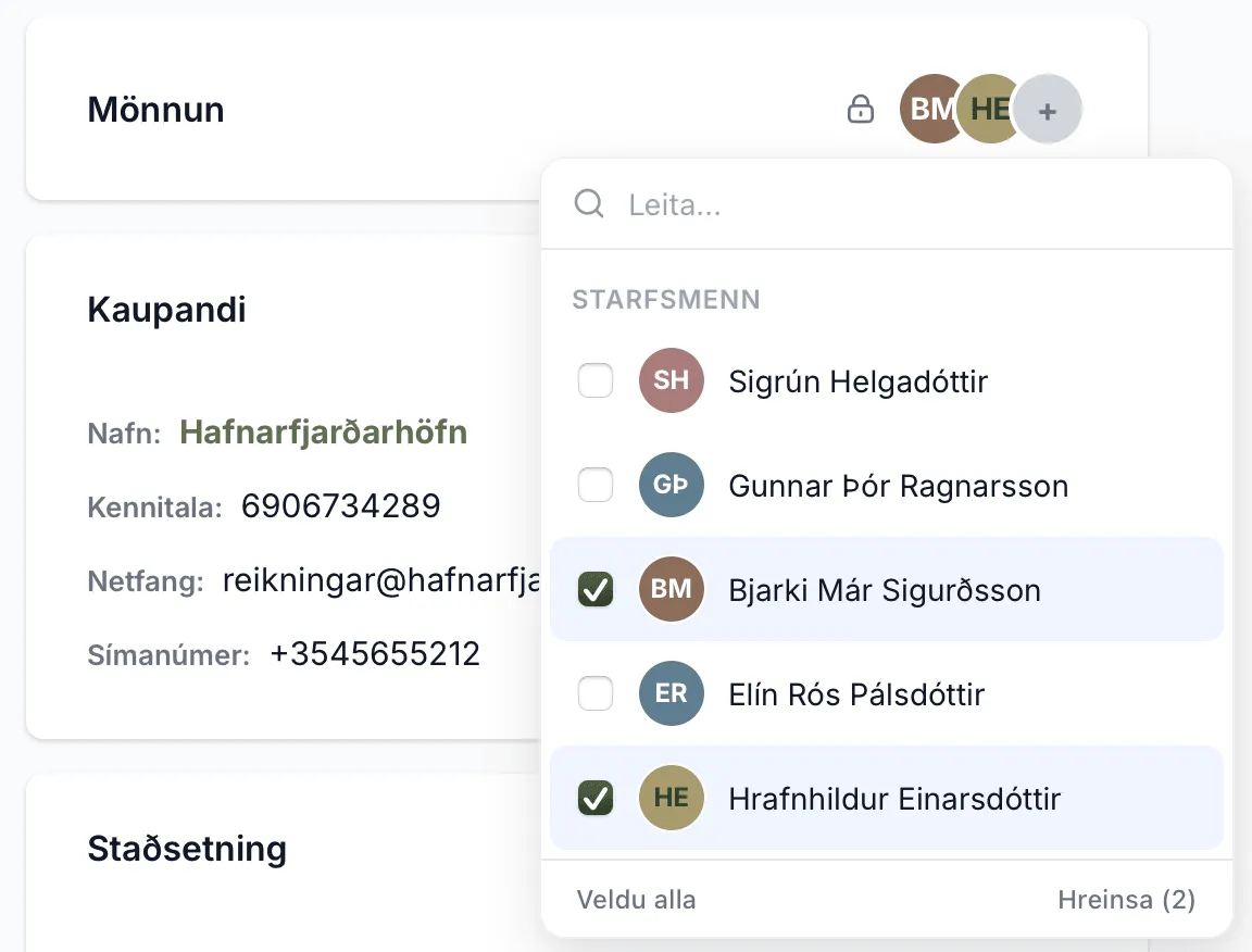 Mönnun á verkefni sem krefst aðgangs. Bjarki og Hrafnhildur eru í mönnuninni, og lásinn sýnir að aðeins þau sjá verkefnið.