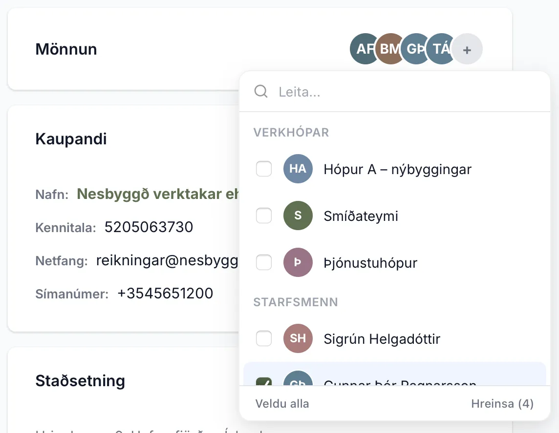 Valið opið. Verkhópar eru efst og starfsmenn fyrir neðan.