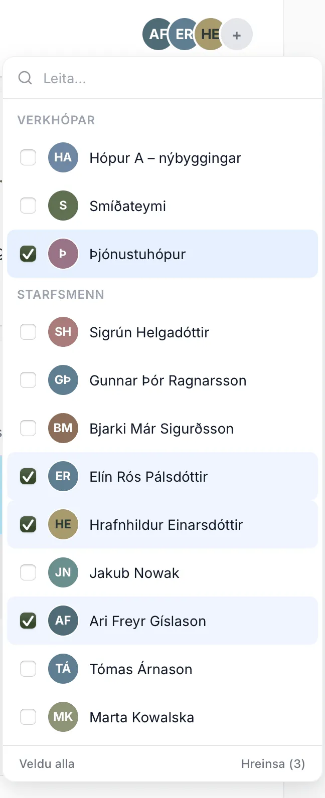 Þjónustuhópur hakaður í Mönnun. Allir þrír í hópnum eru komnir á verkefnið.