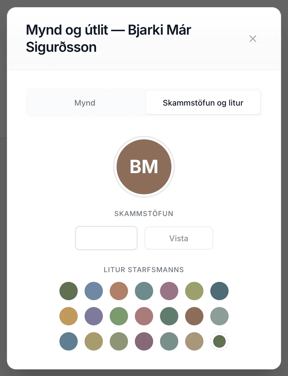 Glugginn Mynd og útlit á flipanum Skammstöfun og litur