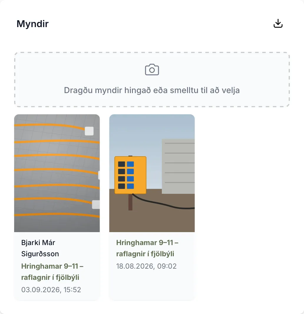 Myndaspjaldið. Myndir eru dregnar á svæðið efst eða valdar með smelli.