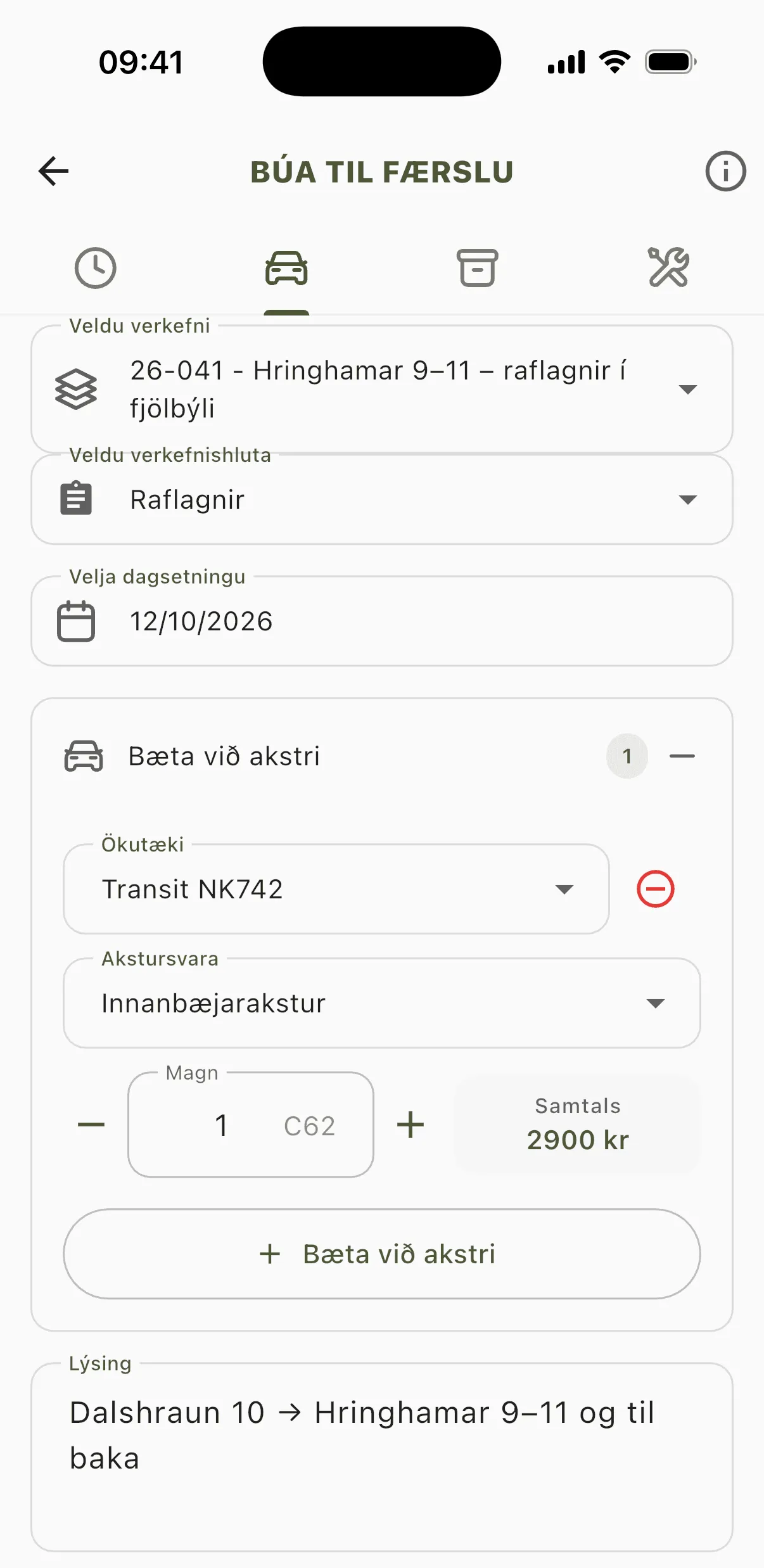 Akstur skráður einn og sér í appinu