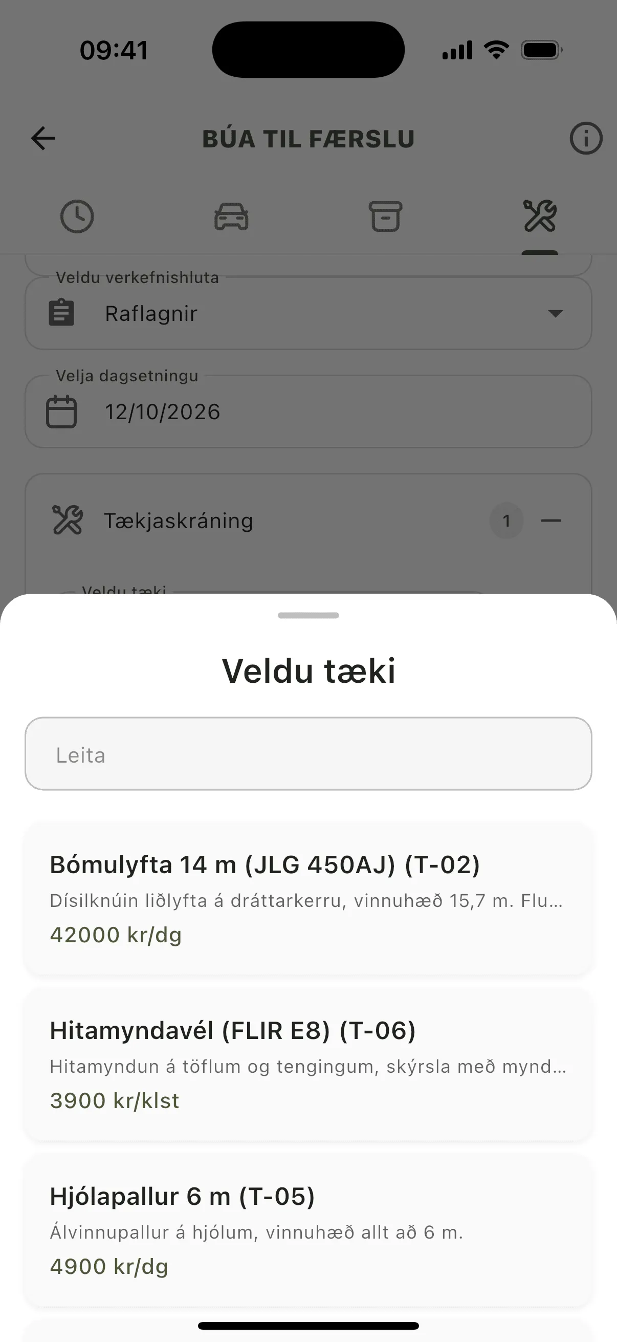 Tækjavalið í appinu, með verði á einingu.
