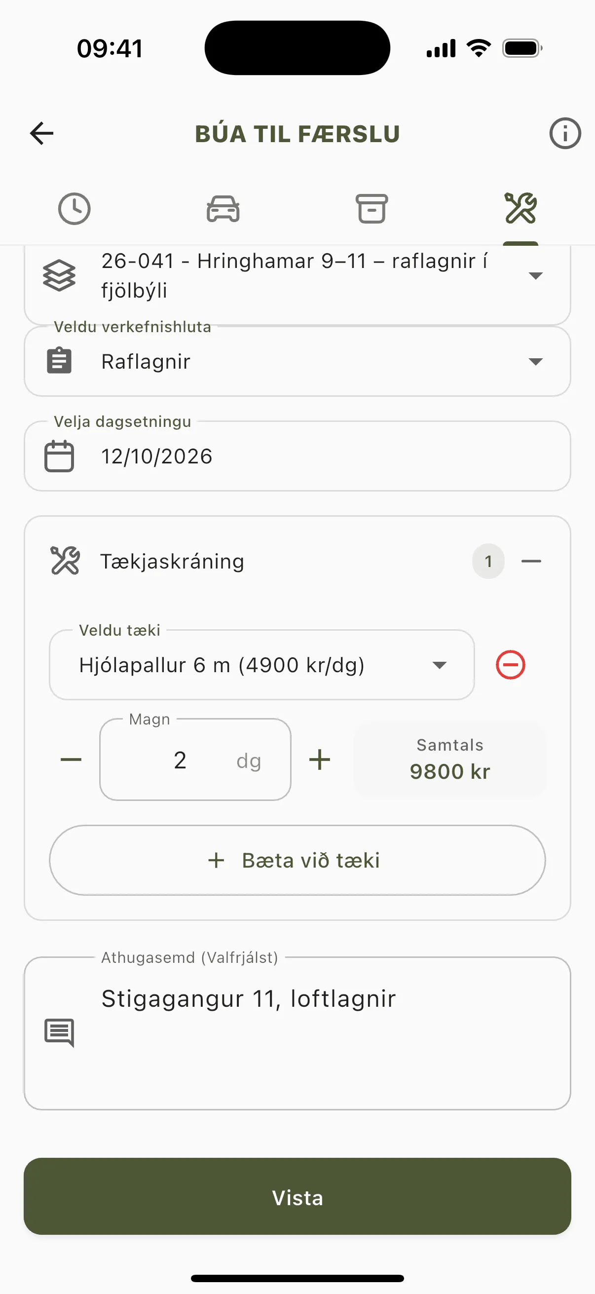 Hjólapallur skráður í 2 daga á verkfæraflipanum.