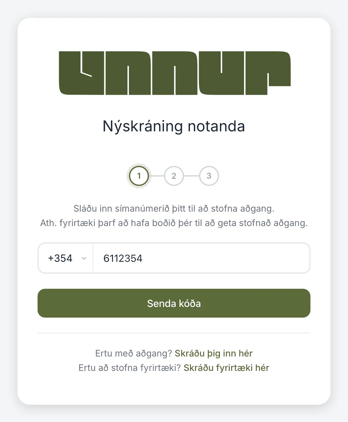 Nýskráning notanda á vefnum