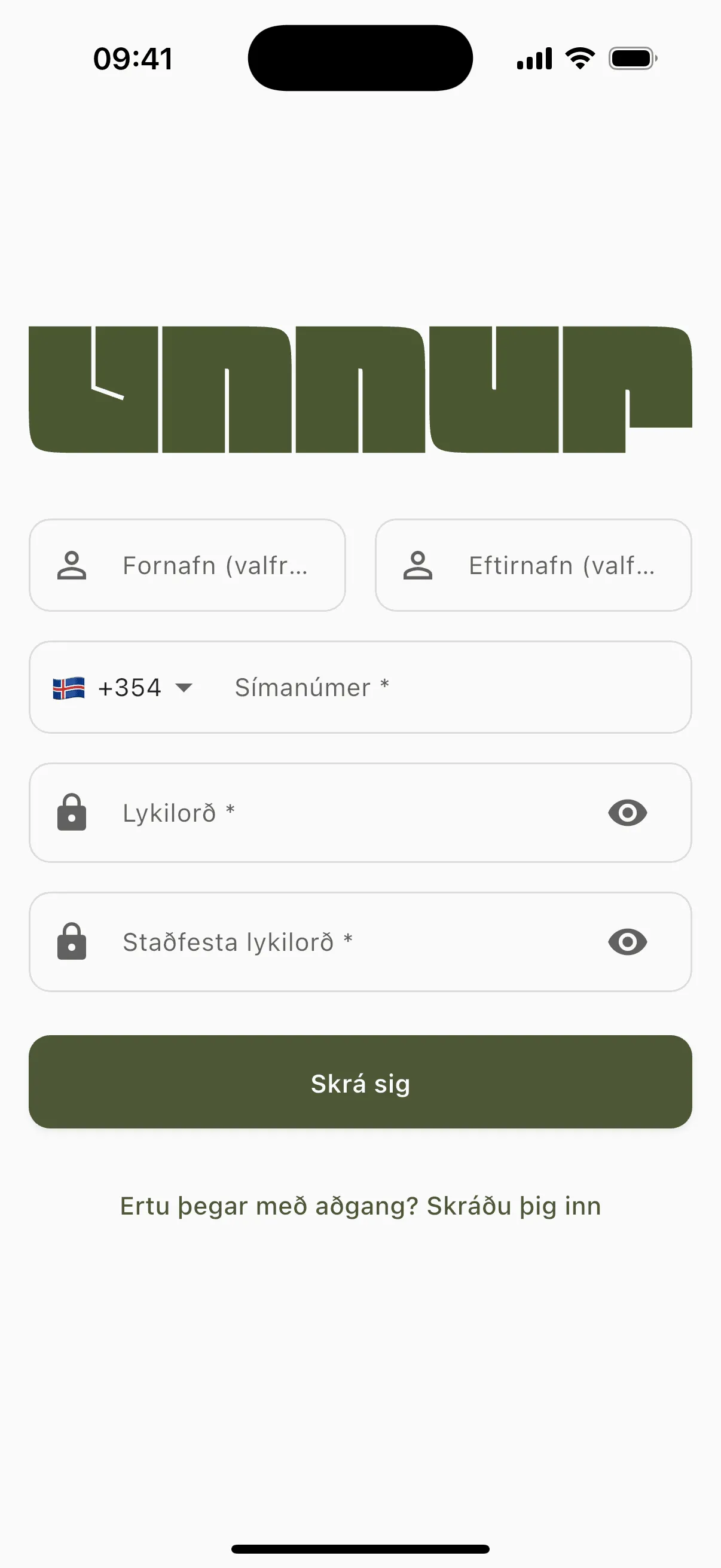 Nýskráningin í appinu