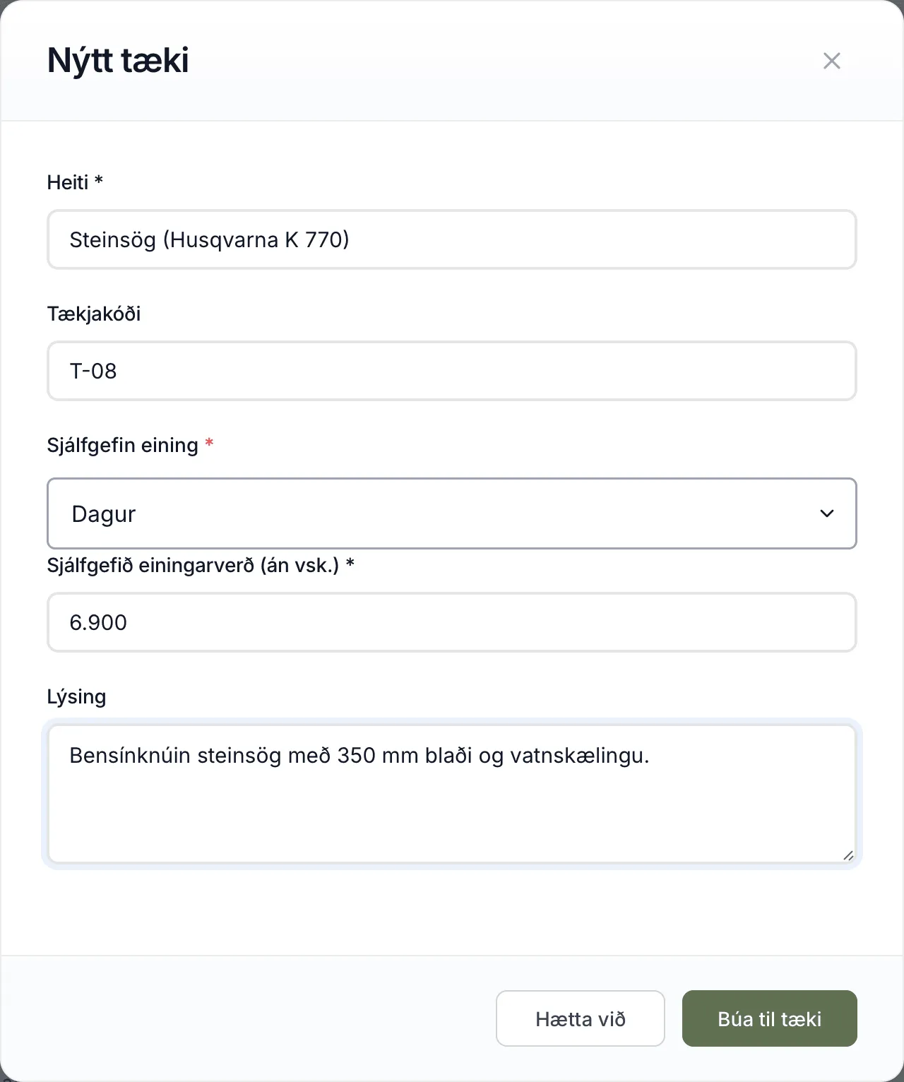 Nýtt tæki útfyllt: steinsög sem er leigð á dag.