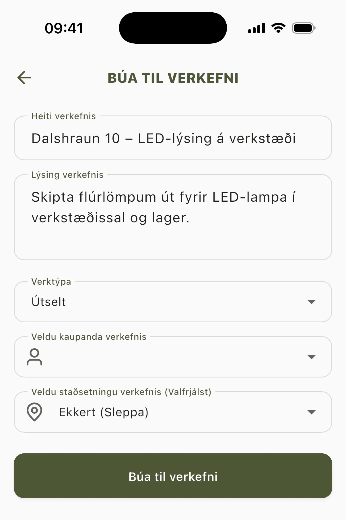 Búa til verkefni, útfyllt fyrir utan kaupandann.