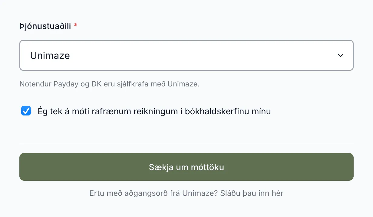 Hnappurinn Sækja um móttöku verður virkur þegar hakað er við.