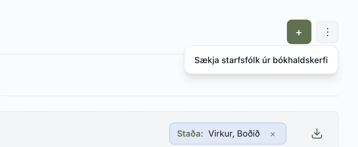 Aðgerðavalmyndin á Starfsmenn-síðunni