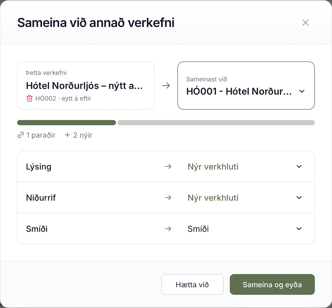 HÓ002 sameinað við HÓ001. Smíði parast við Smíði en Lýsing og Niðurrif færast yfir sem nýir verkhlutar.