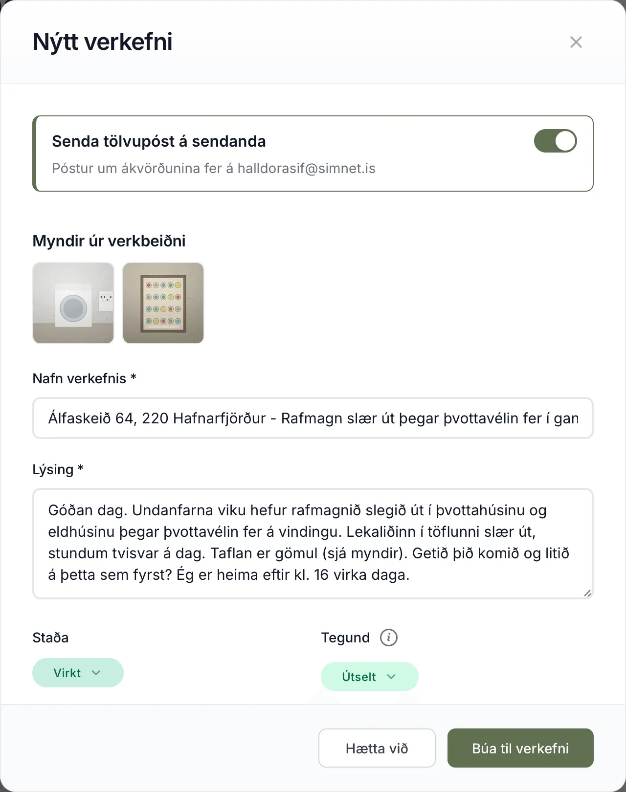 Samþykktarglugginn með rofanum Senda tölvupóst á sendanda og myndum úr beiðninni