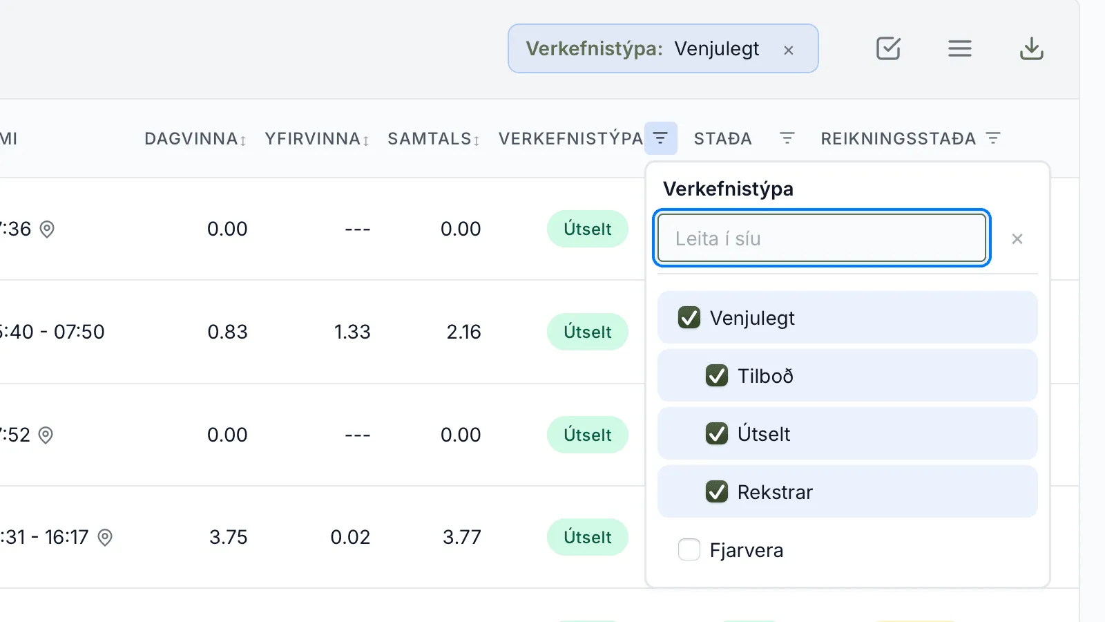 Sían á Verkefnistýpu. Venjulegt er valið, Fjarvera ekki.