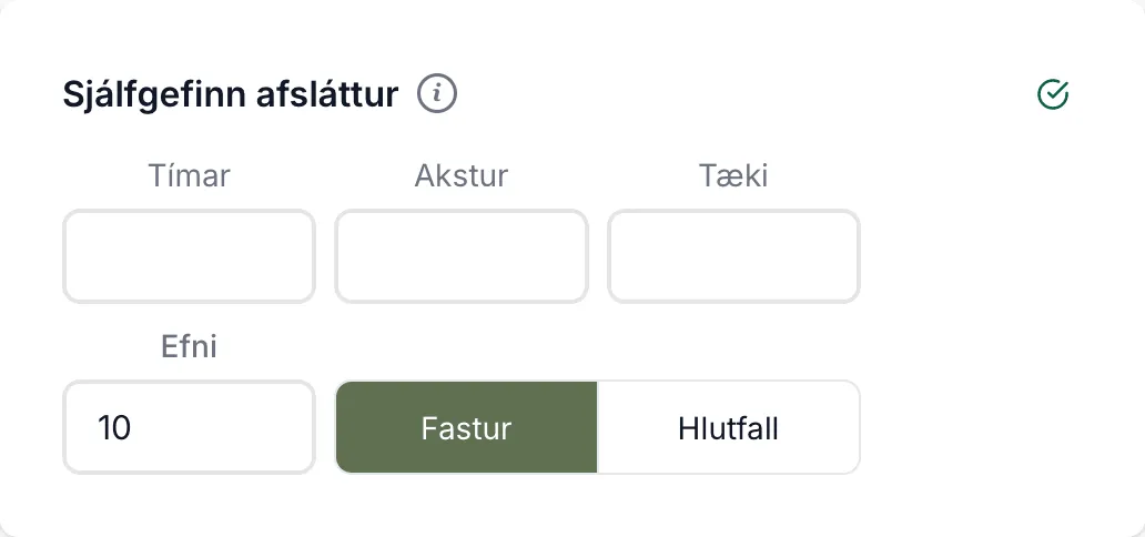 Sjálfgefinn afsláttur: 10% fastur afsláttur á efni.