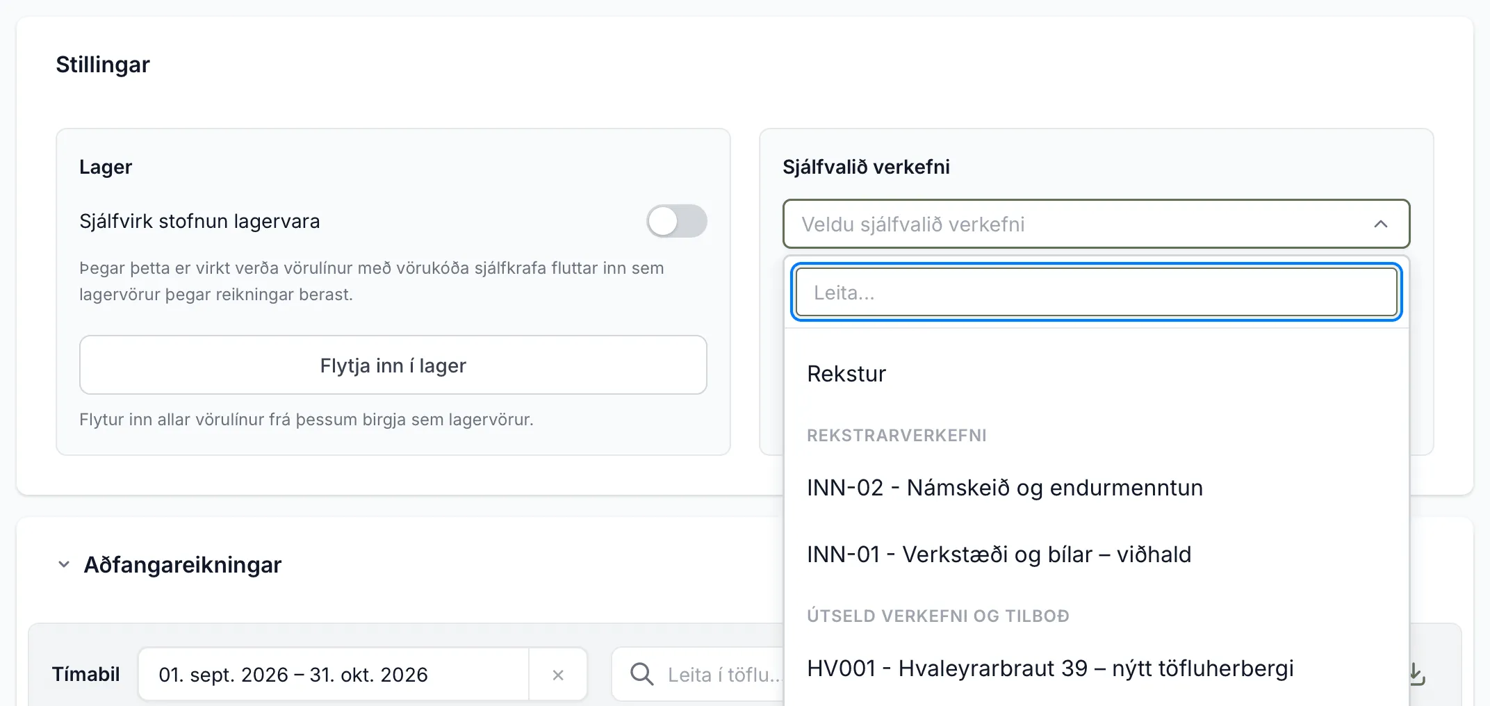 Valkostirnir í Sjálfvalið verkefni: Rekstur, rekstrarverkefni og síðan útseld verkefni.