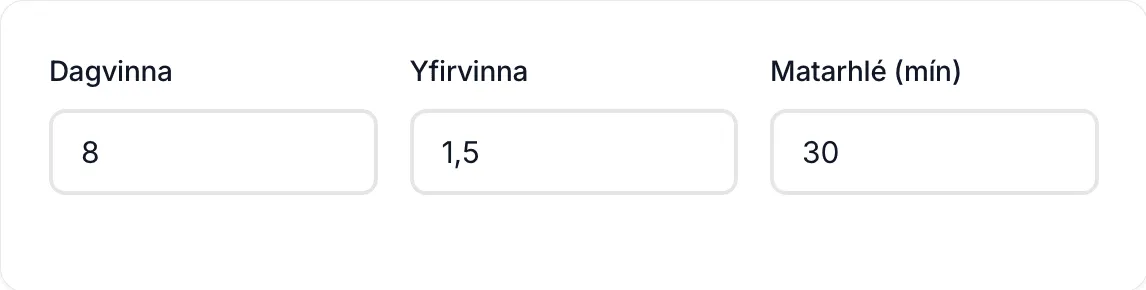 Reitirnir í nýrri tímaskráningu 06:00–16:00: Dagvinna 8, Yfirvinna 1,5 og Matarhlé 30 mín.