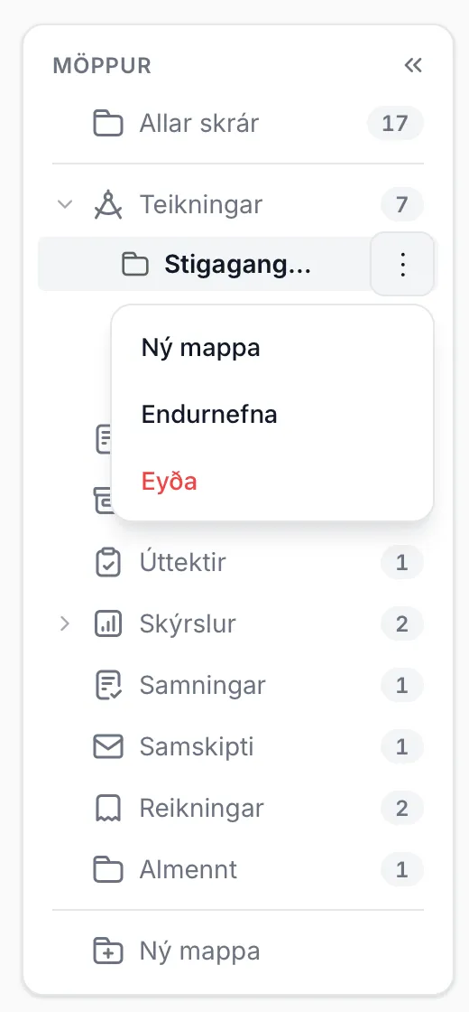 Valmynd undirmöppu: Ný mappa, Endurnefna og Eyða.