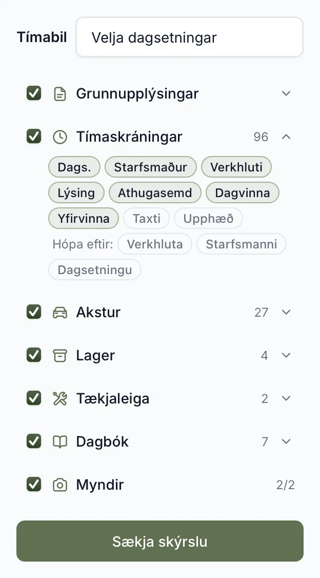Dálkar Tímaskráninga. Ljósir dálkar eru ekki með, og Hópa eftir er ekki valið.