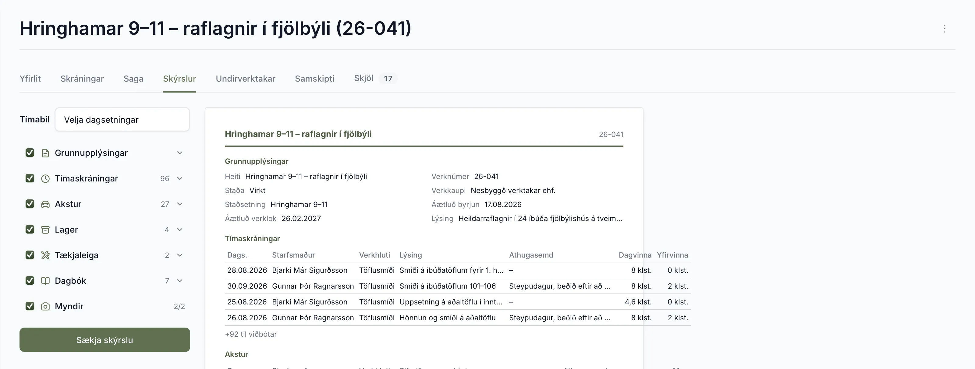 Skýrslur-flipinn. Kaflarnir eru valdir vinstra megin og forskoðunin er hægra megin.