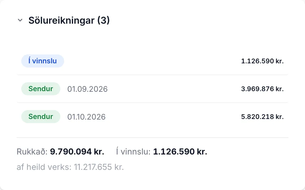 Tveir sendir reikningar og óreikningsfærðar skráningar í vinnslu.