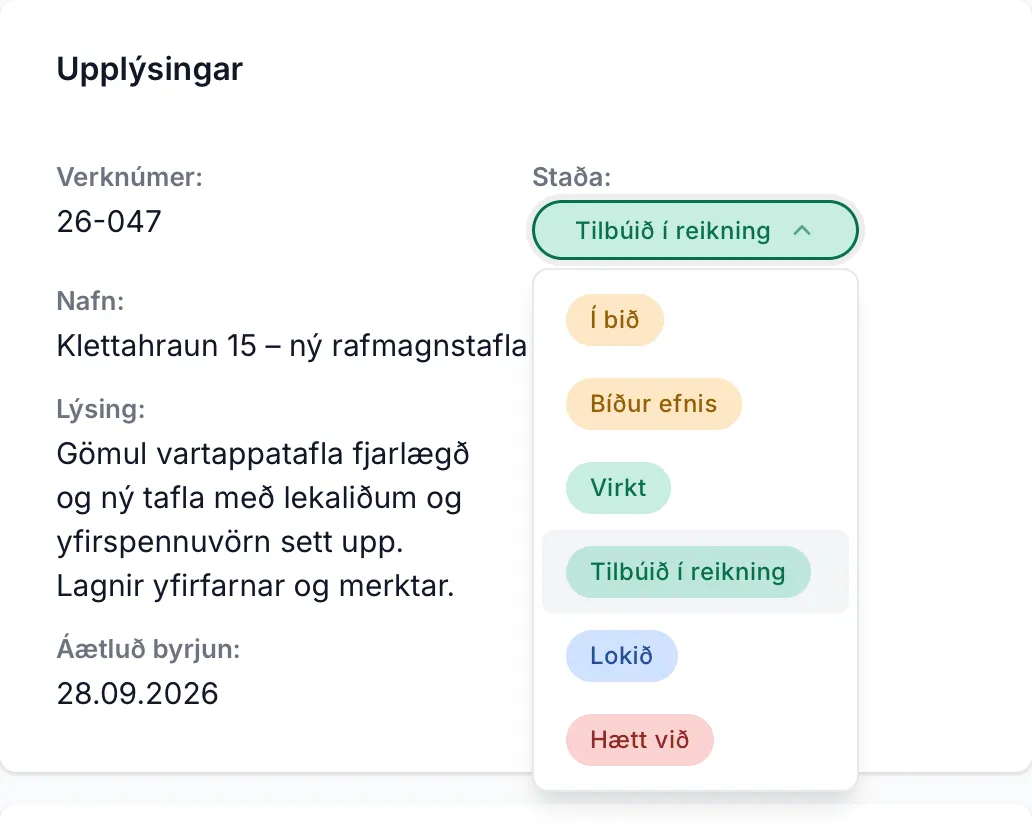Staða valin á verkefnasíðunni. Listinn sýnir allar stöður fyrirtækisins í röð flokkanna.