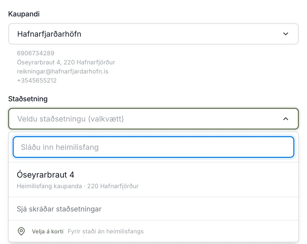 Staðsetning í Nýtt verkefni. Heimilisfang verkkaupans, Hafnarfjarðarhafnar, er efst í listanum.