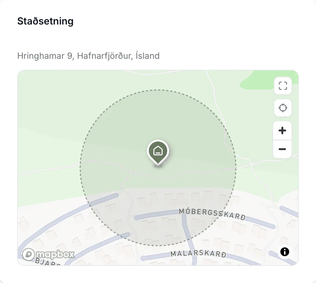 Spjaldið Staðsetning á verkefnasíðu, með svæði verkstaðarins