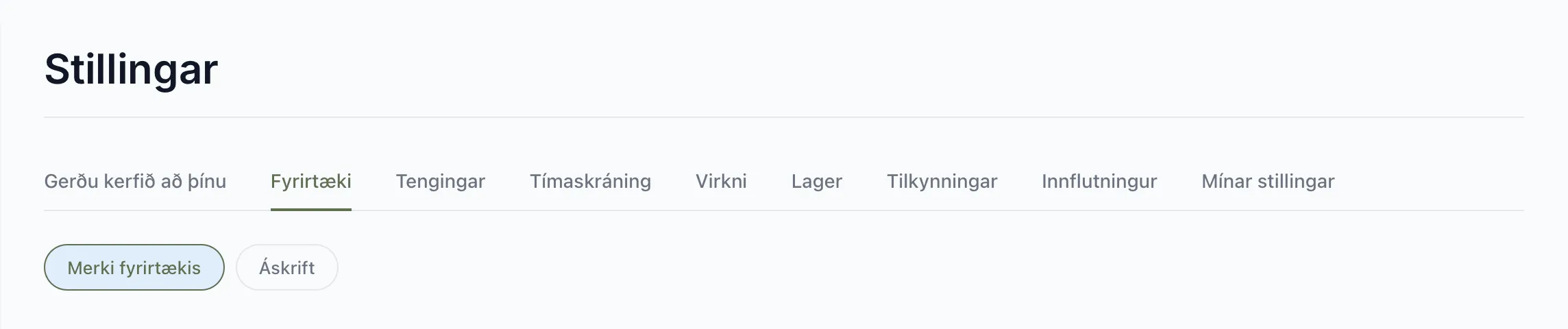 Stillingasíðan. Undir flipanum Fyrirtæki eru undirfliparnir Merki fyrirtækis og Áskrift.