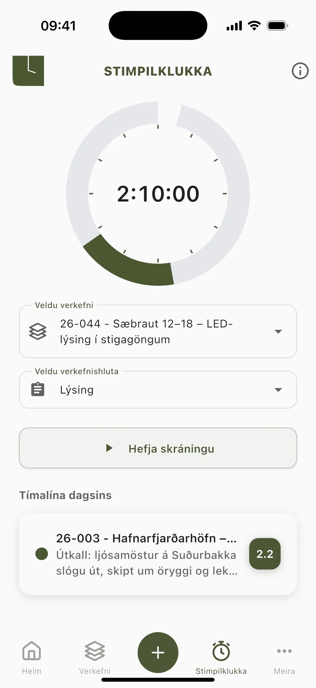 Verkefni og verkhluti valin, tilbúið að hefja skráningu.