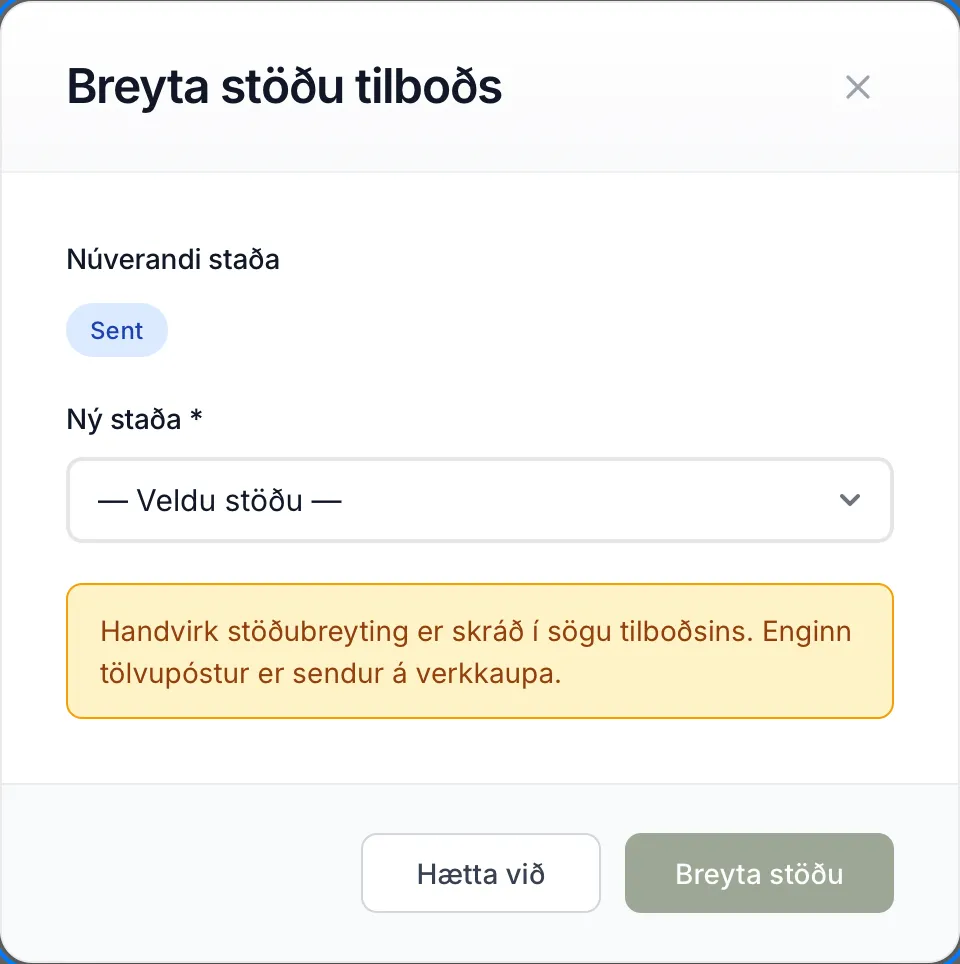 Glugginn Breyta stöðu tilboðs á sendu tilboði.